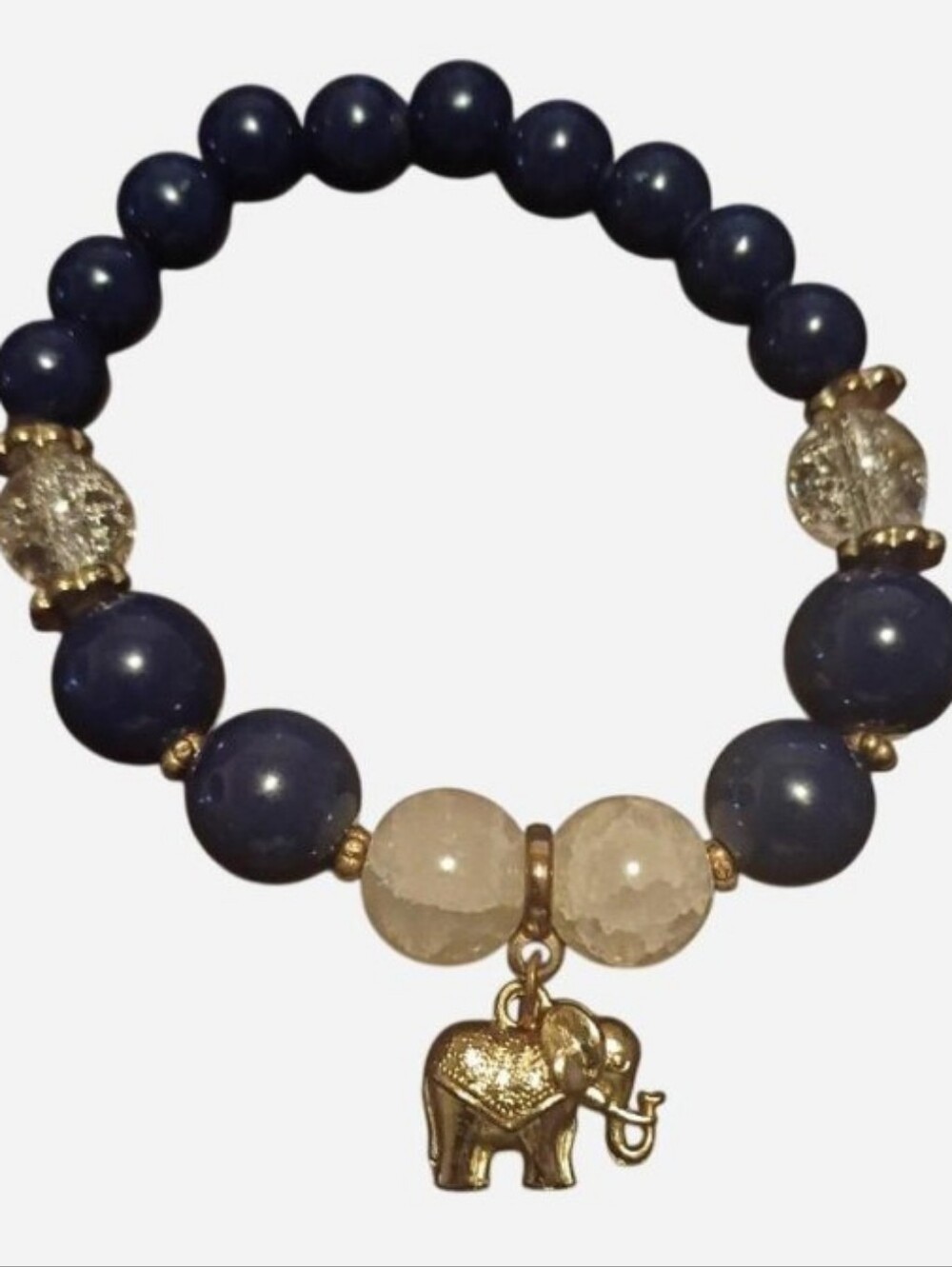 Gold Color Elephant Charm Navy and Cream Beaded Bracelet